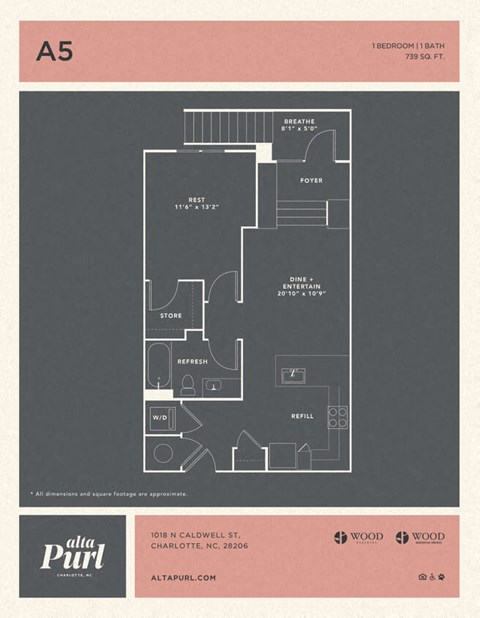 Floor plan for 1 bed, 1 bath, 739 sqft